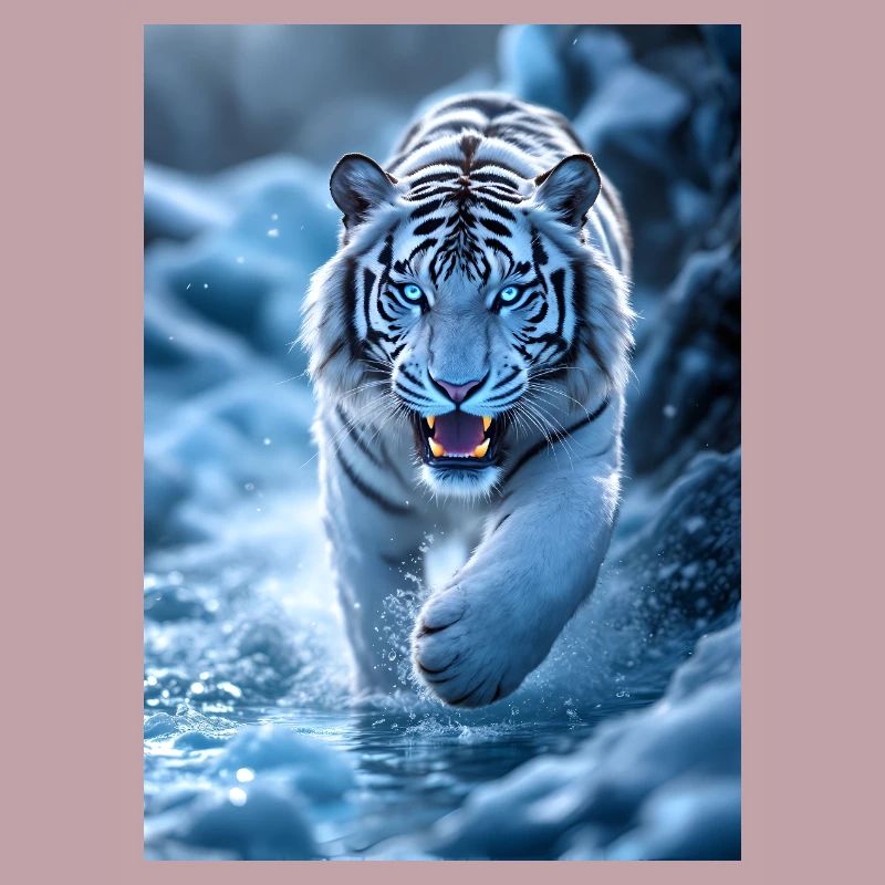 Weisser Tiger läuft durch Bachlauf