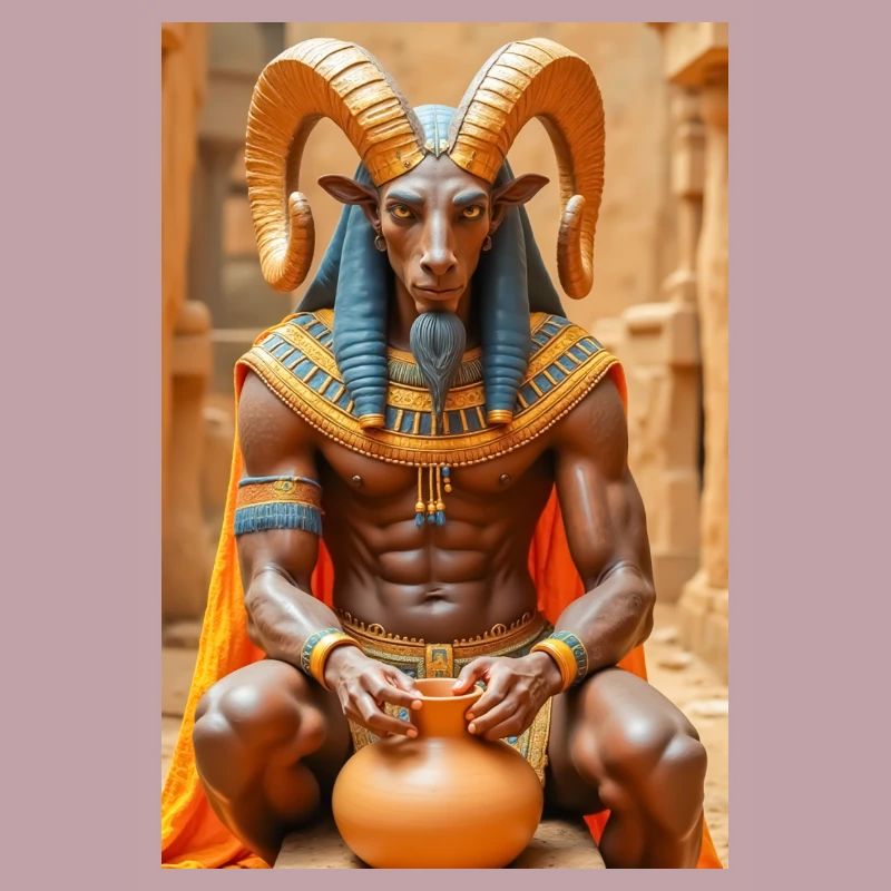 Khnum, widderköpfiger Gott, der einen Menschen aus Lehm formt.
