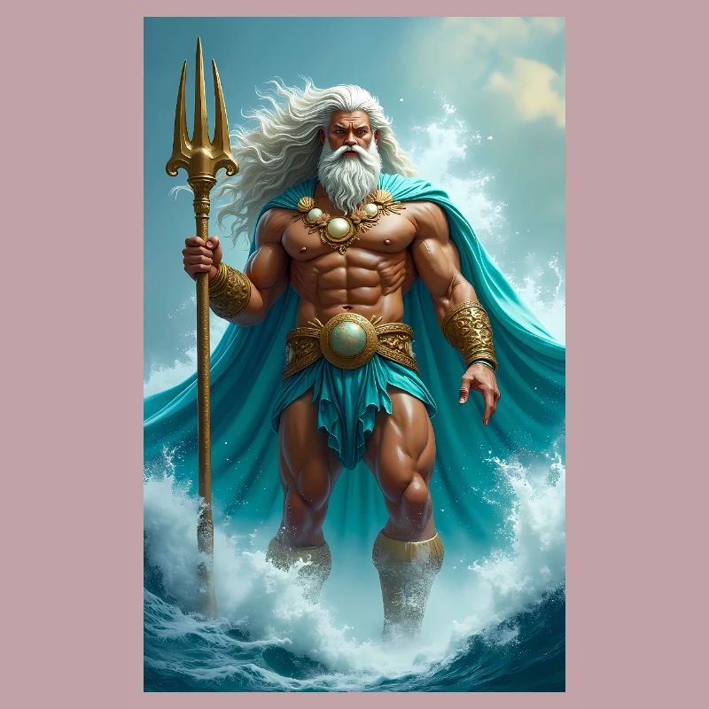 Poseidon, mächtiger Meeresgott mit Dreizack, Wellen