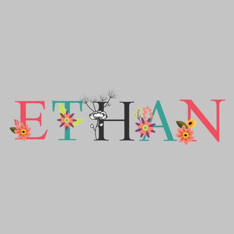 ETHAN Name Art avec des fleurs brodées