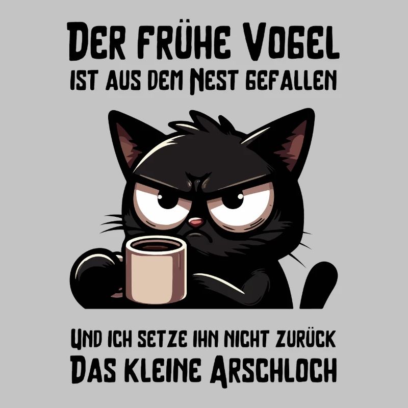 Müde schwarze Katze mit Kaffee – genervt