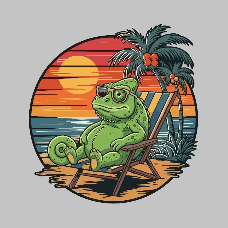 Funny Chameleon on Beach Summer Vacation Sunset
