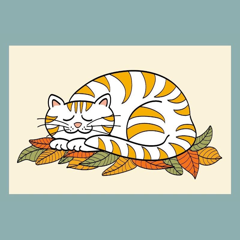 Sleeping kitten on autumn leaves / poster