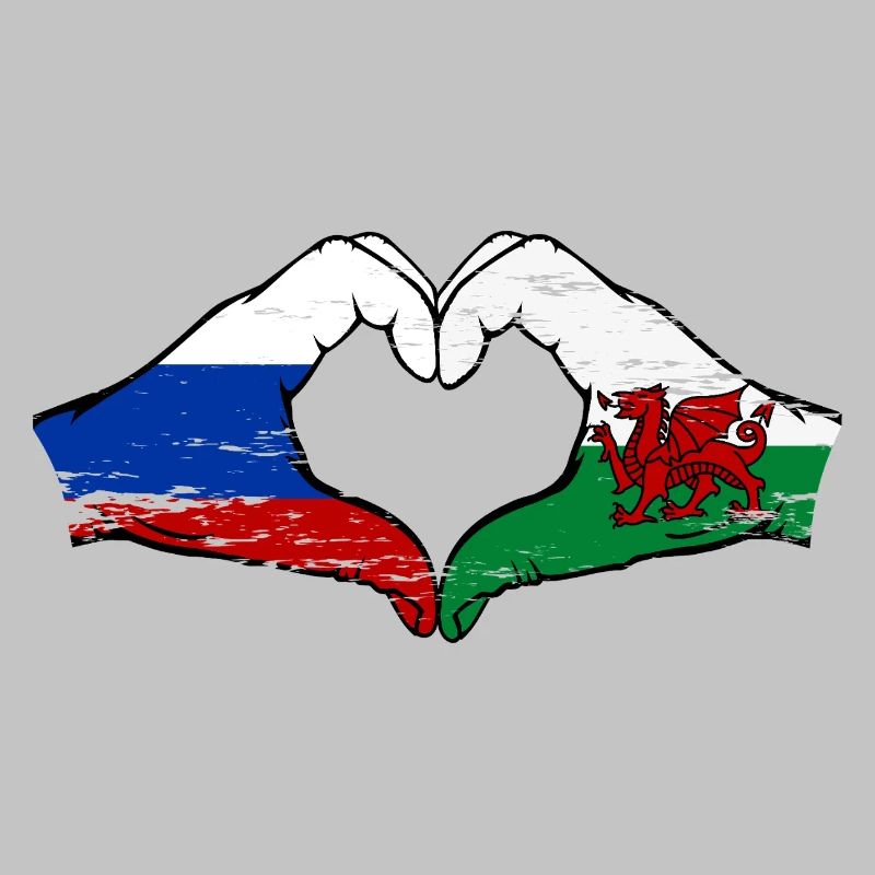 Russie Drapeau Pays de Galles mains forme de coeur utilisé