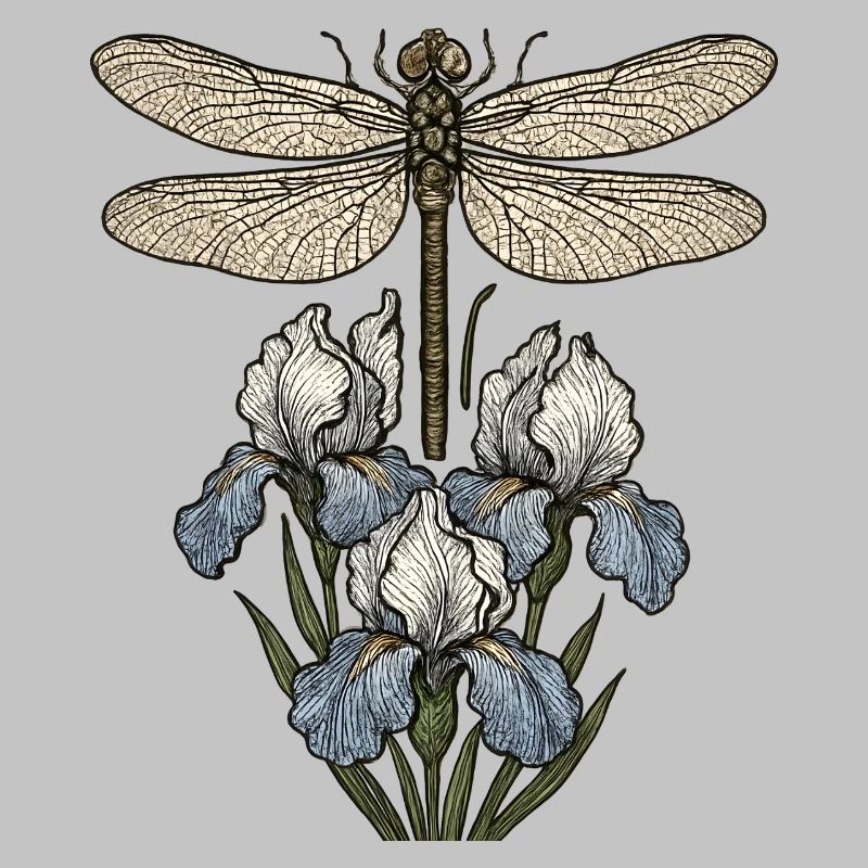 Dragonfly over iris flowers