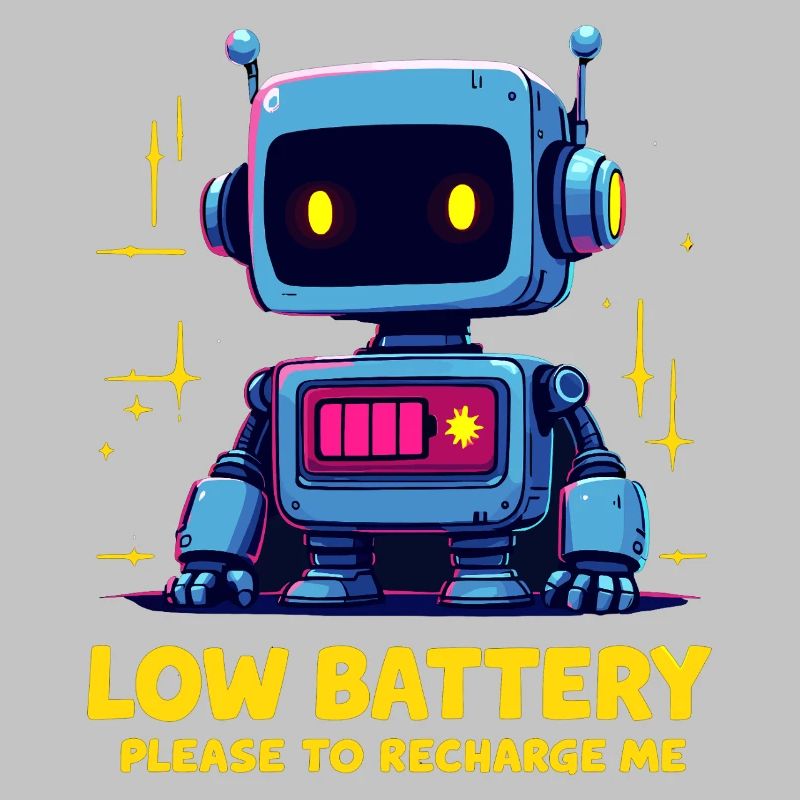 Futuristic Robot with Low Battery Message