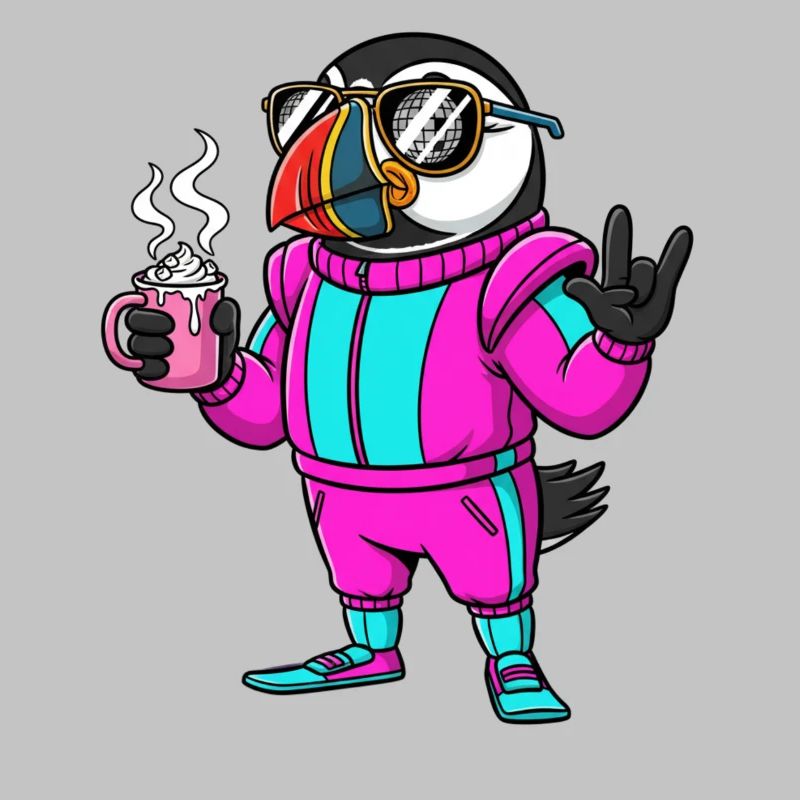 Oiseau élégant en combinaison de ski avec café