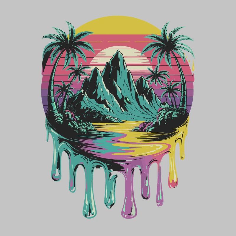 Île tropicale avec des palmiers et un coucher de soleil dans le