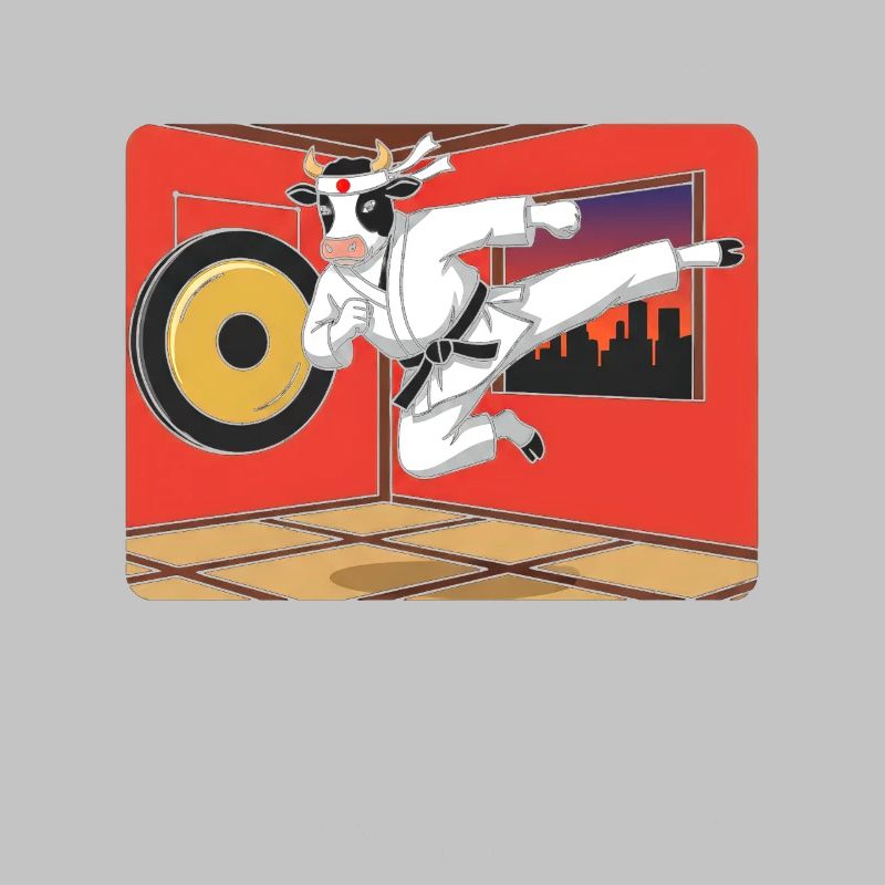 Vache en coup de karaté devant le dojo rouge