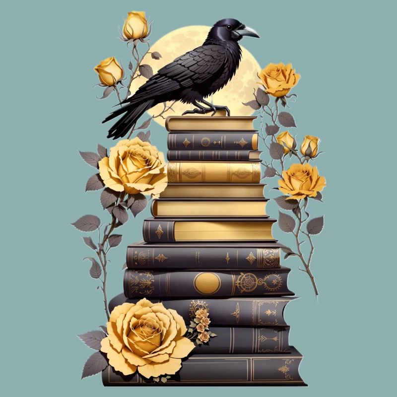 Stack of books with raven