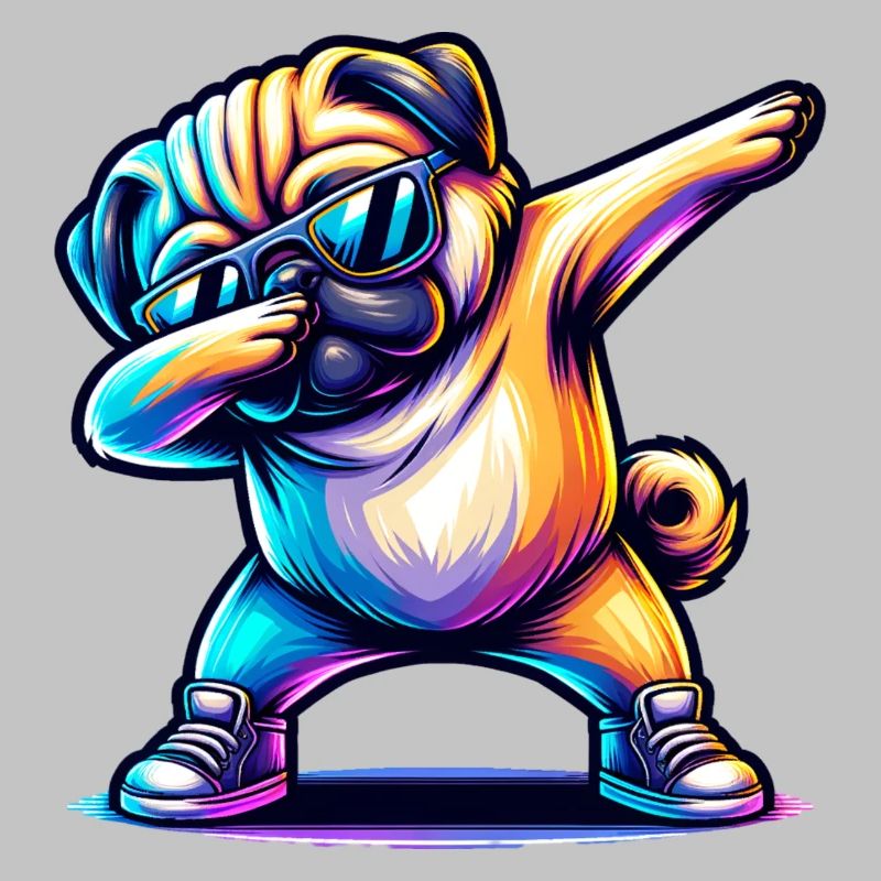 Dabbing carlin avec des lunettes de soleil et des baskets