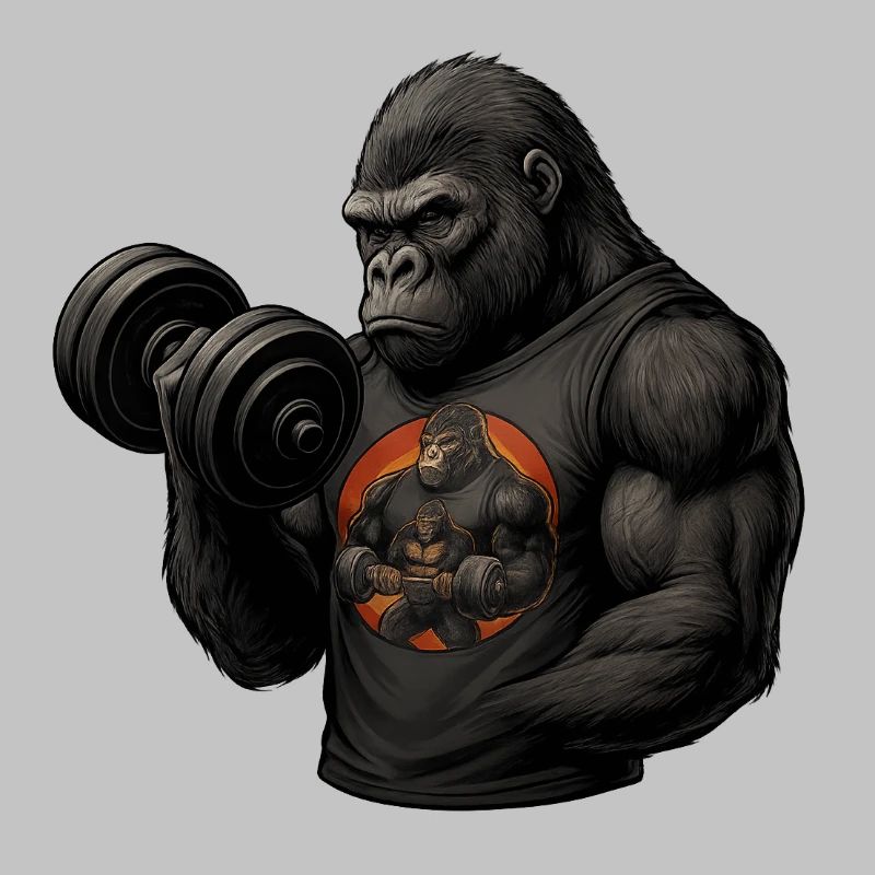 Starker Gorilla beim Bizepstraining mit Power-Shir