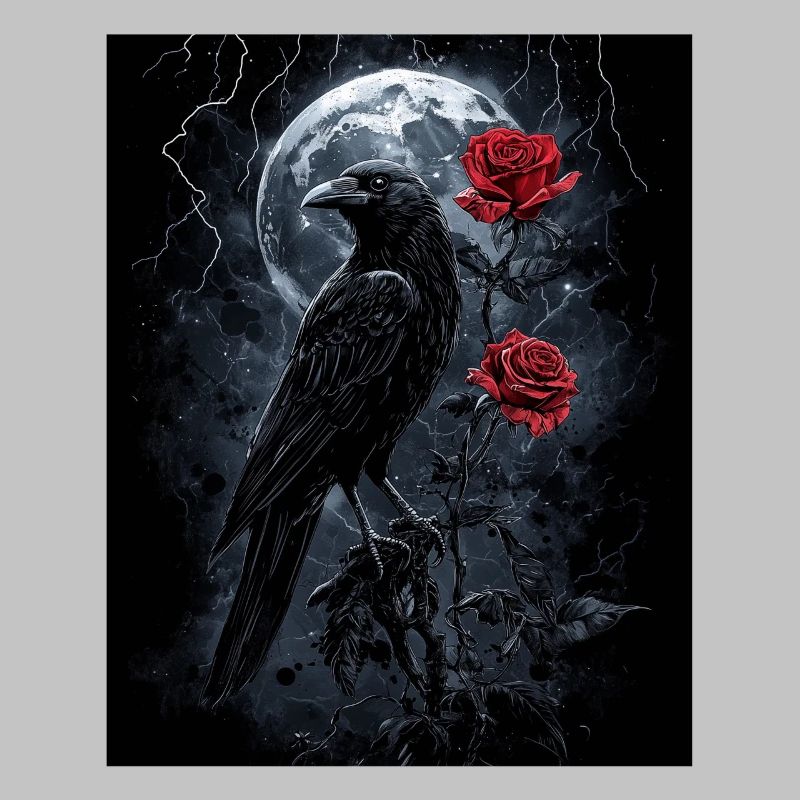 Rabe Rose Mond Düster Gothic Schwarze Krähe