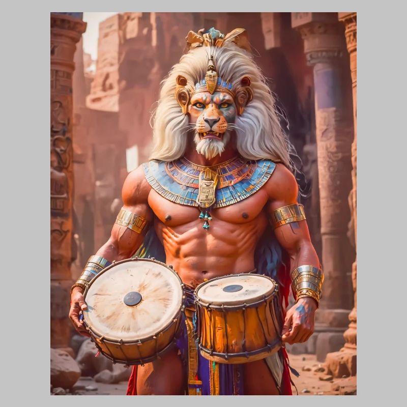 Bes, dwarf god with lion mane, dancing joyfully