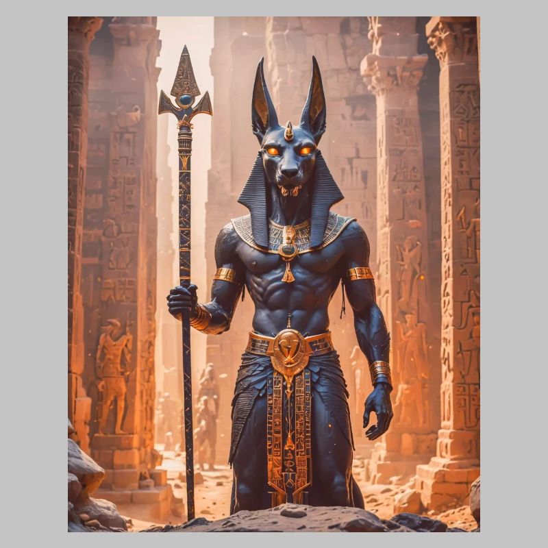 Anubis, jackal-headed god, standing in a dimly