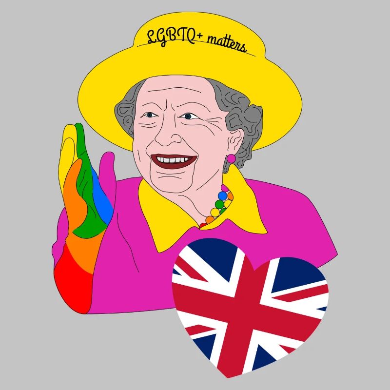 Queen in rainbow colors with Union Jack heart