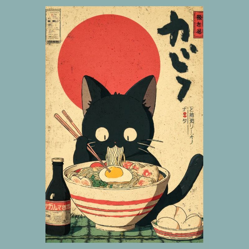Ramen Cat Retro Poster