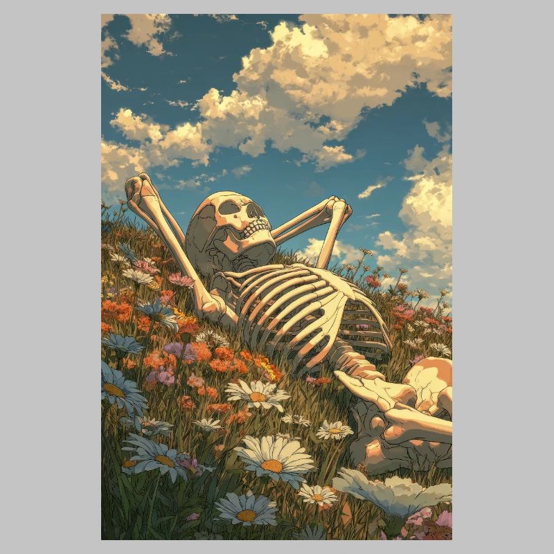 Squelette relaxant dans un champ de fleurs
