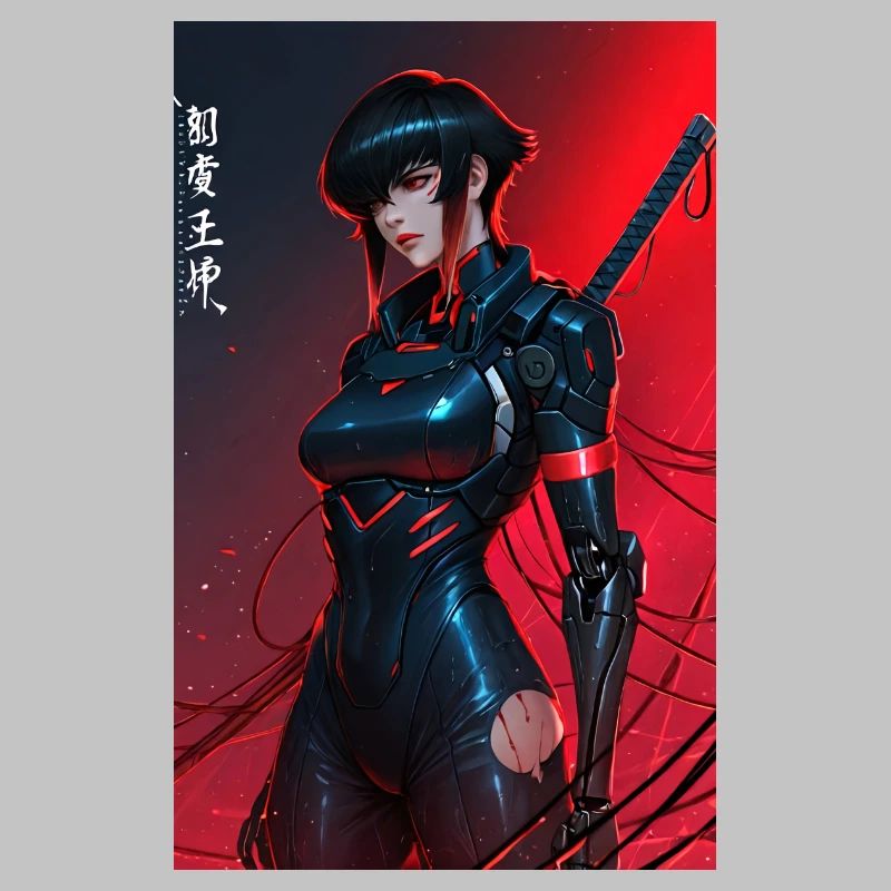 Red Wired Cyberpunk Samurai with Katana