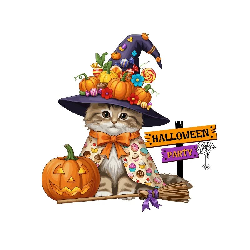 Chat sorcière mignon avec citrouille – Fête d’Halloween