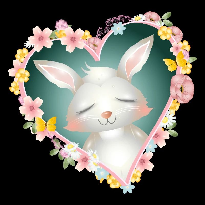 Cute white bunny dreams in blossom heart