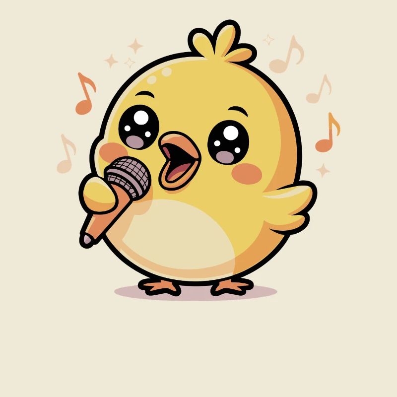 Poussin joyeux qui chante avec un microphone et des notes