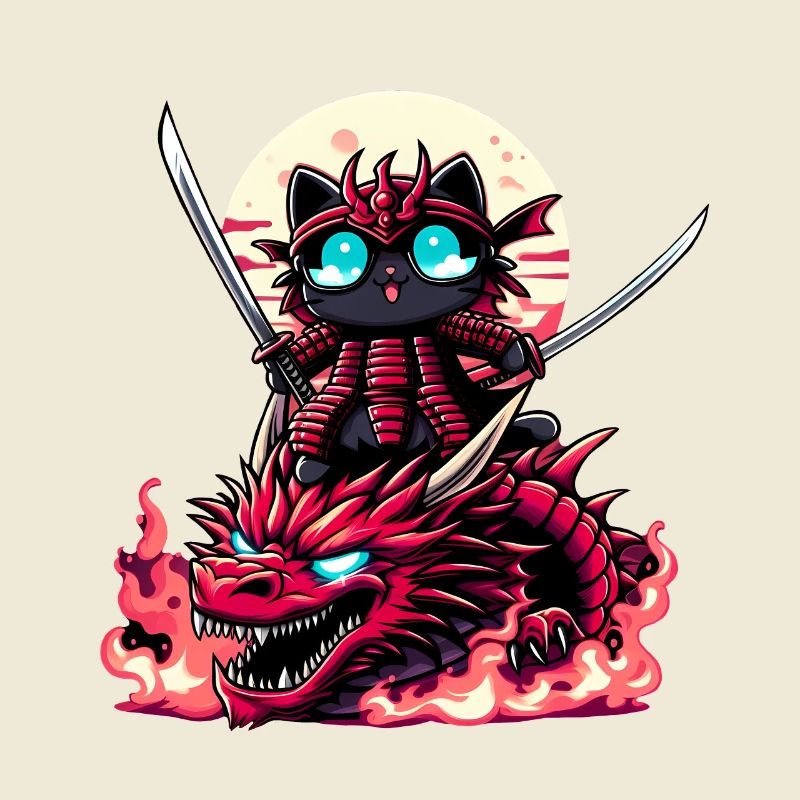 Chat samouraï avec épée sur dragon dans une bataille épique 3D
