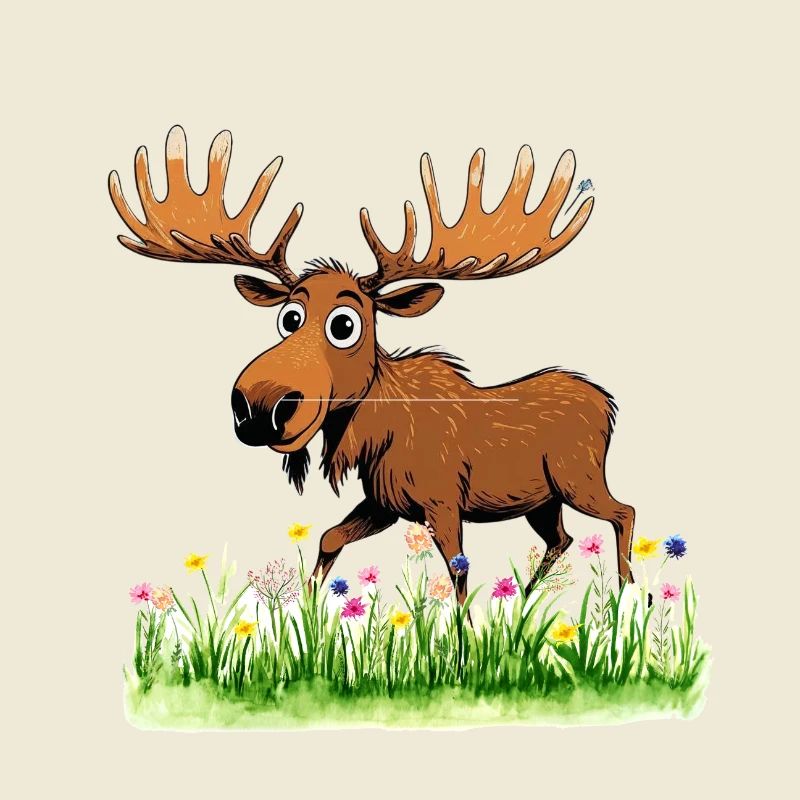 Whimsical Moose in Spring Meadow