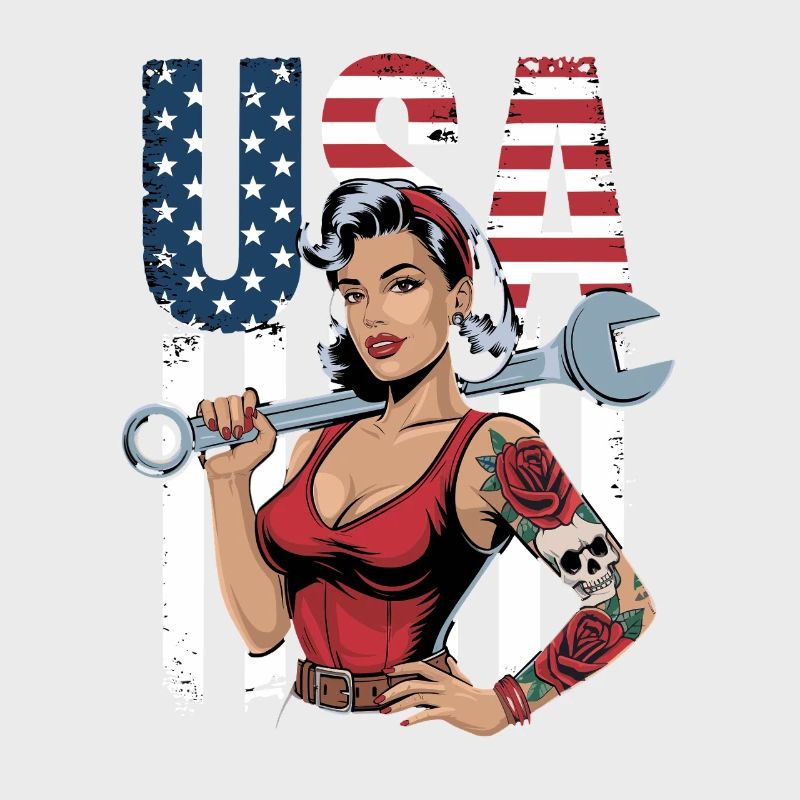 Femme forte avec une clé à molette devant le drapeau des États-Unis