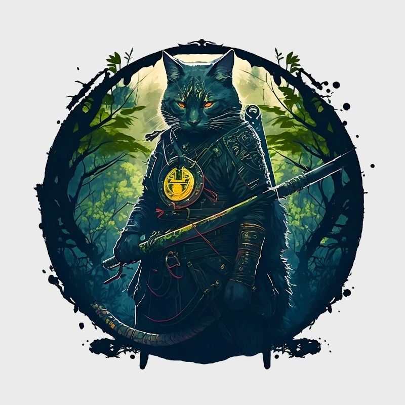 Katze als Samurai in Wald