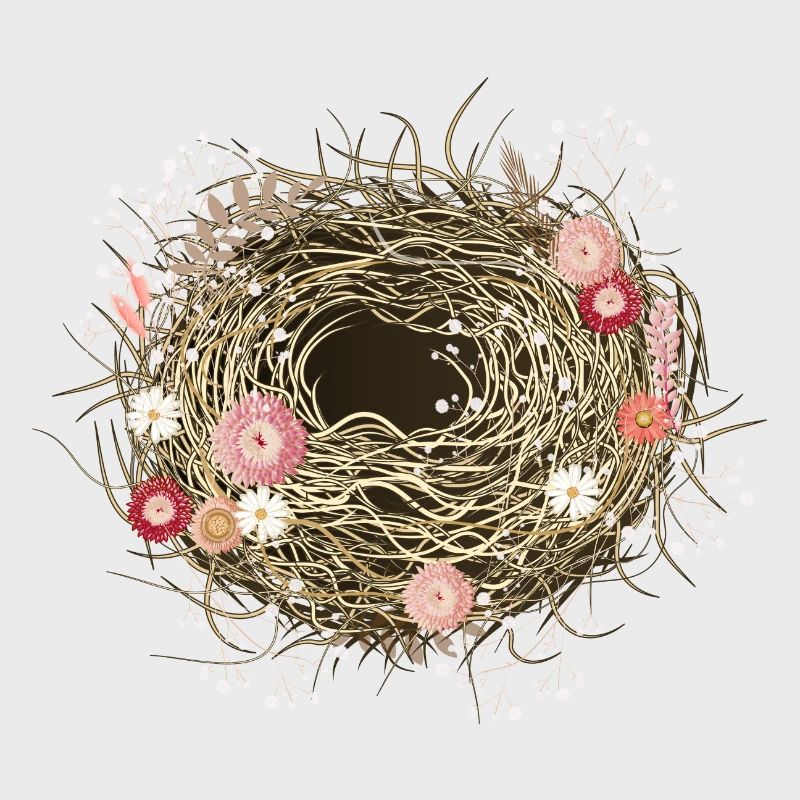 leeres Vogelnest oder Osternest mit Trockenblumen