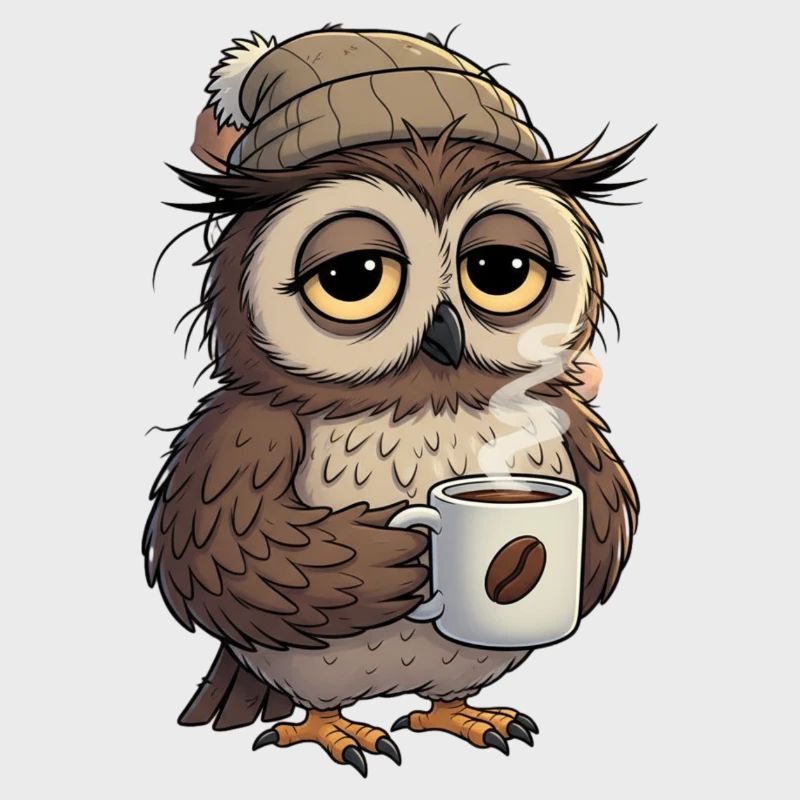 Verschlafene Eule Mit Kaffeetasse Cartoon