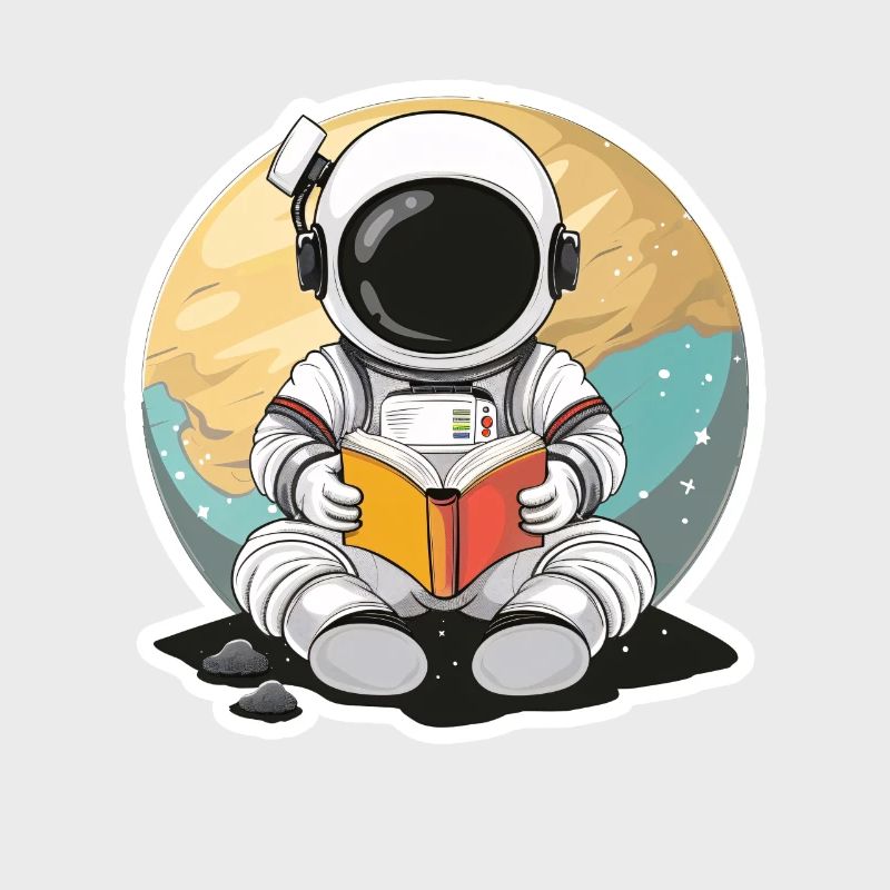 Astronaute dans l’espace devant une planète lisant un livre