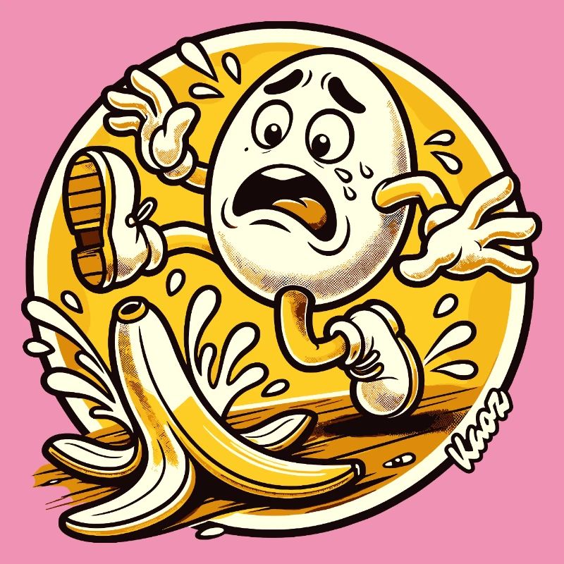 Comic egg slips on banana peel