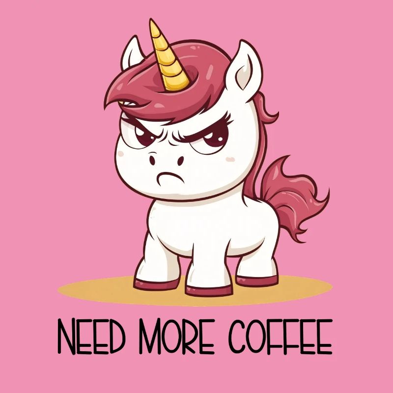 Need More Coffee – Beleidigtes Einhorn Cartoon