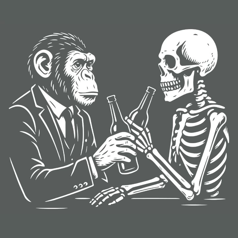 monkey and skeleton drinks beer in the pub.