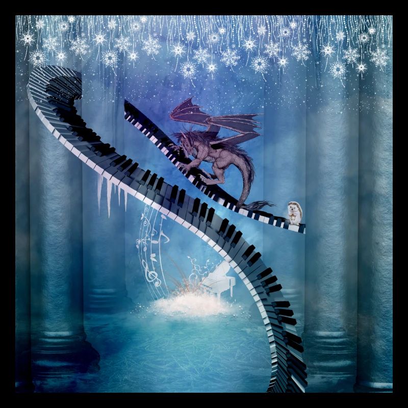 Geschwungenes Klavier in einer Winterlandschaft mit Drache
