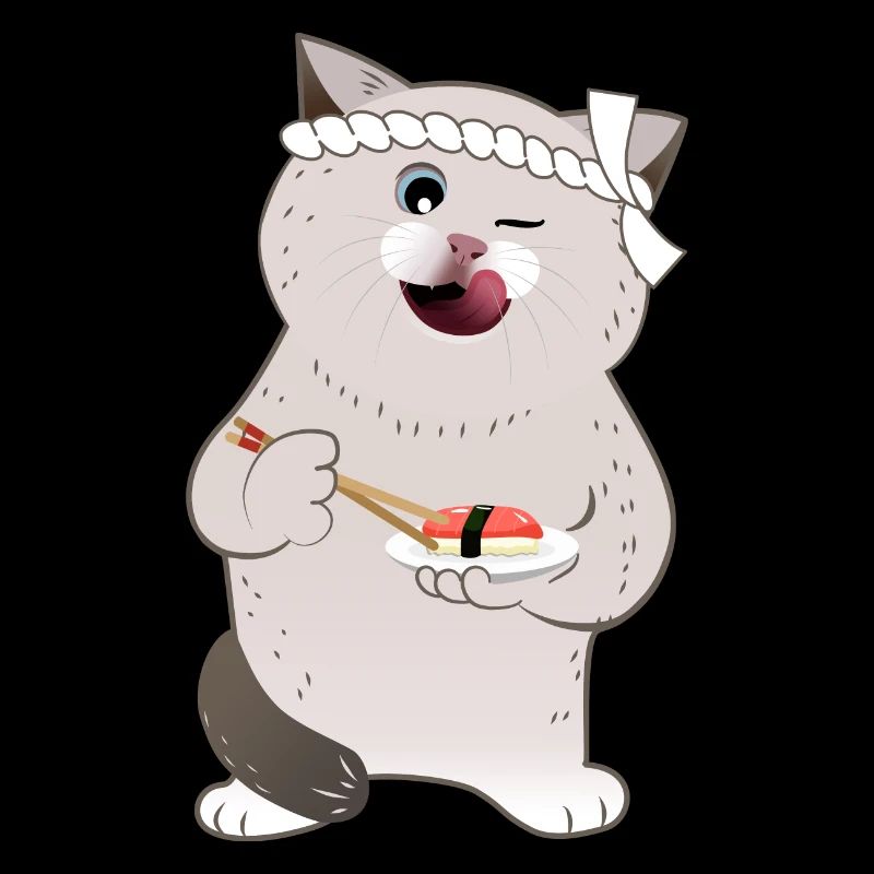 Chat potelé mignon tenant des sushis