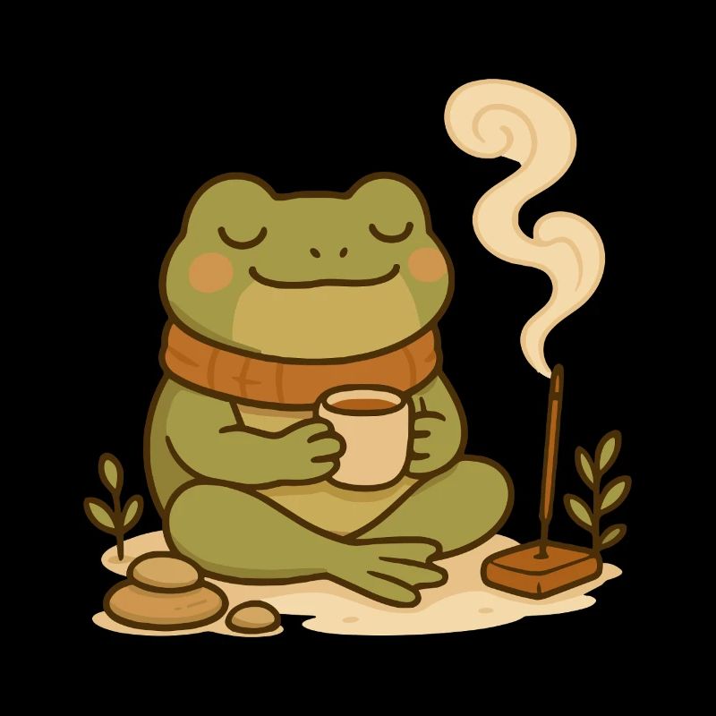 Grenouille consciente avec thé et bâtonnets d’encens