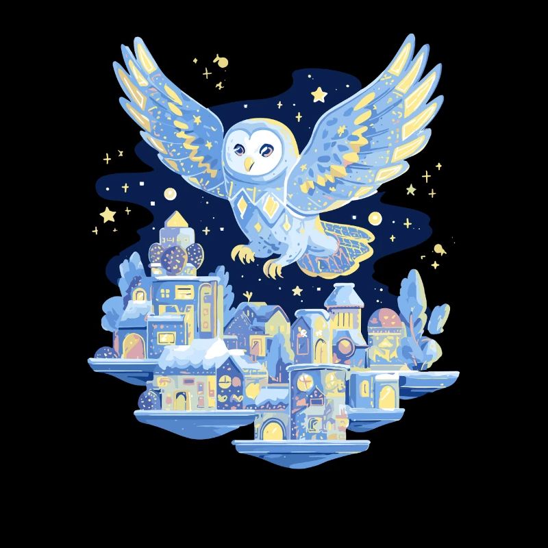 Owl flight over city at night