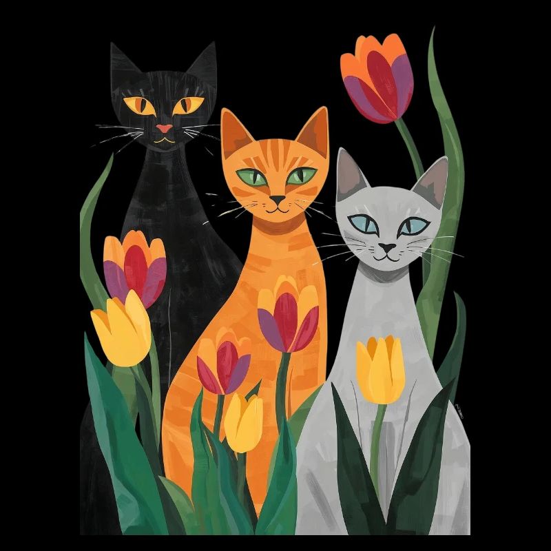 Trois chats stylisés : noir, gris, orange