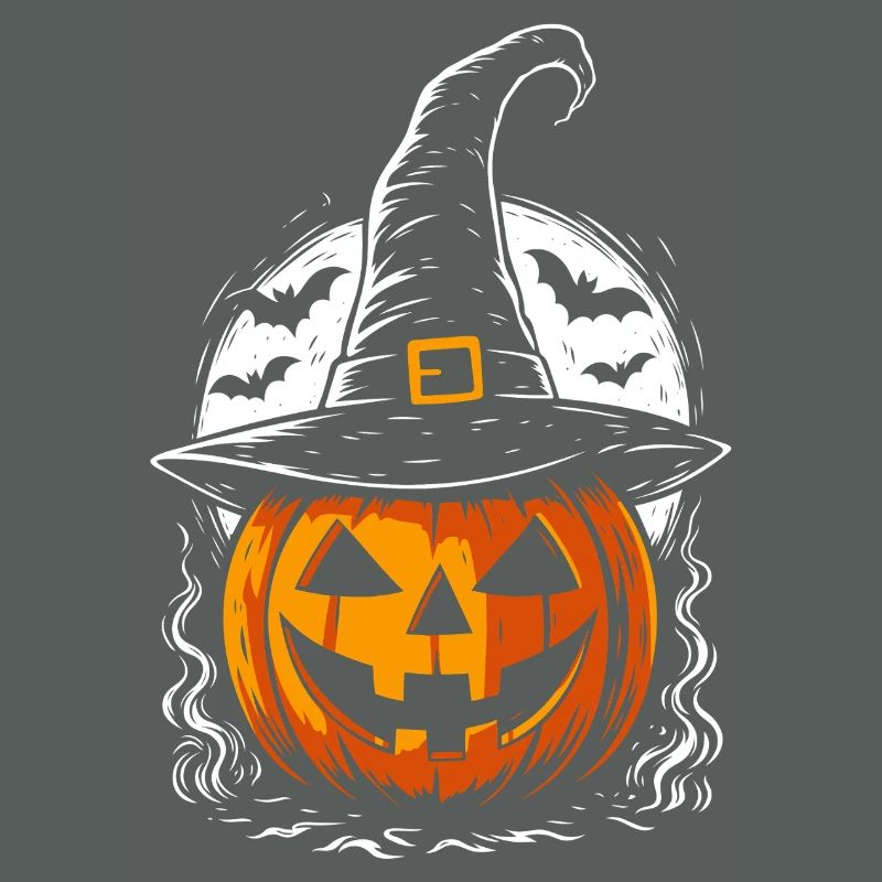 Spooky pumpkin with witch hat & full moon