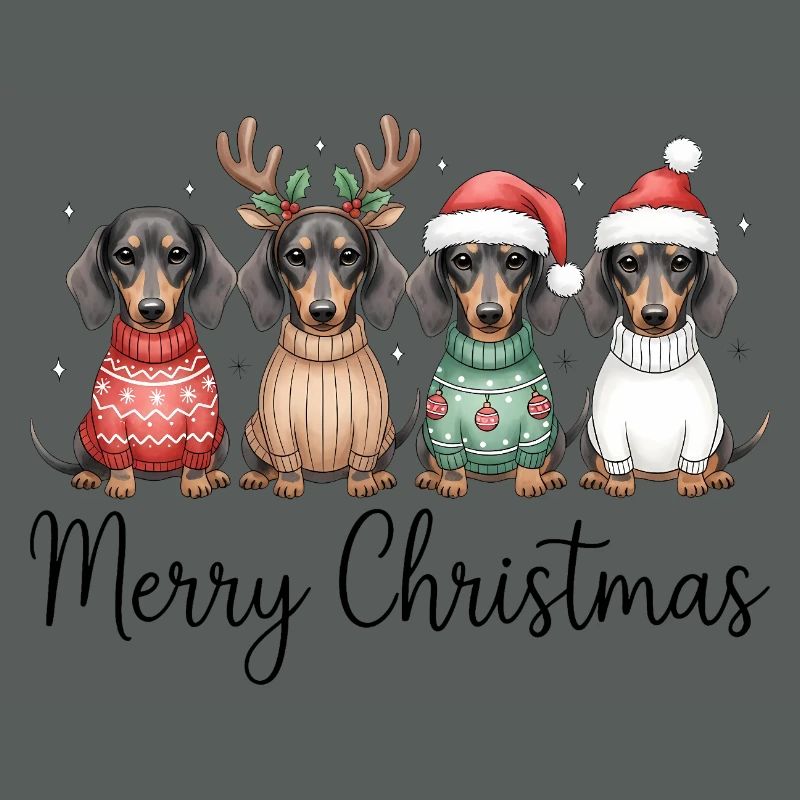Vier Dackel, Dachshunde in Weihnachtspullover