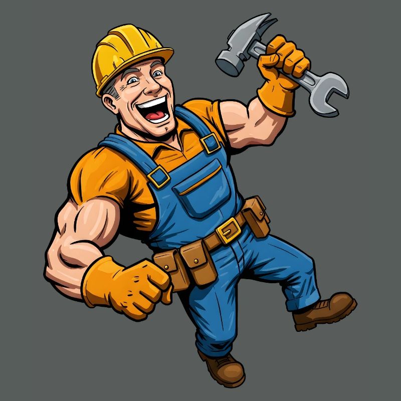 Cheerful cartoon construction worker with tools