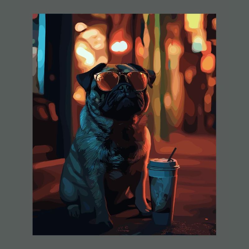Mops mit Sonnenbrille und Eiskaffee