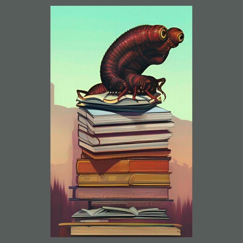 Comic Cartoon Creepy Bookworm Book Stack