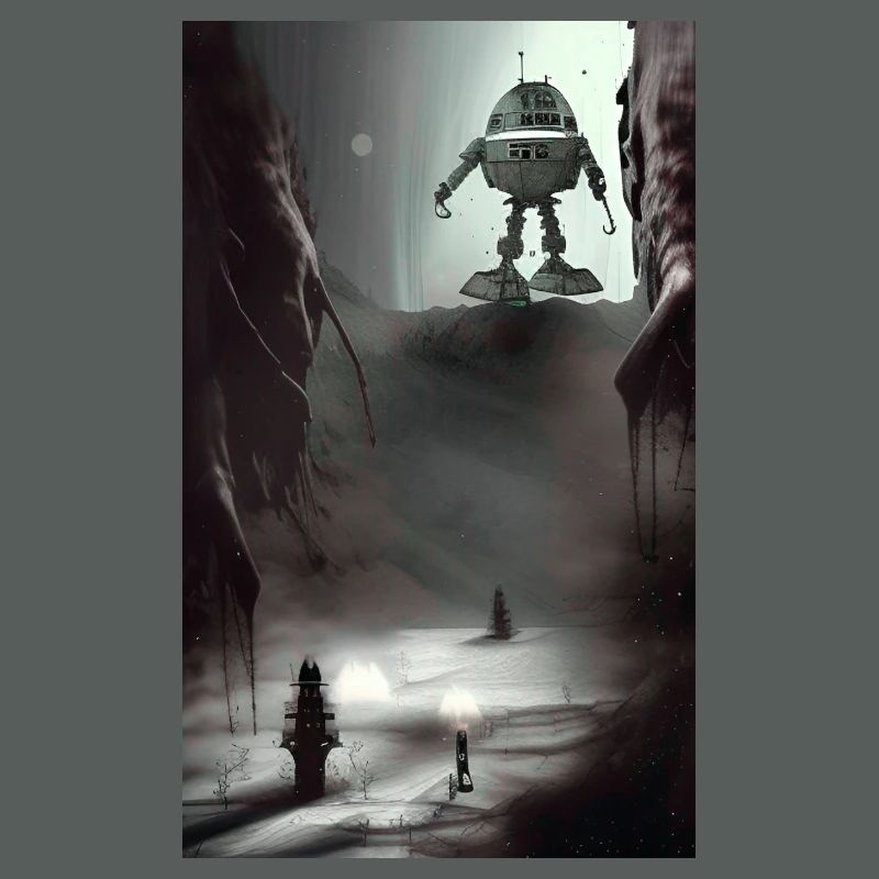 Creepy Comic robot spaceship Alien on a strange