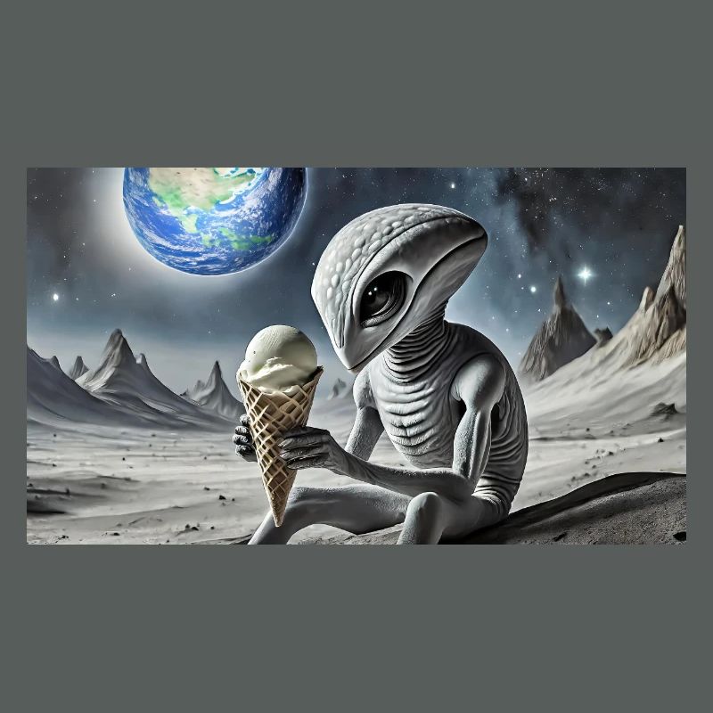 extraterrestre gris à la surface de la lune – manger de la crème glacée