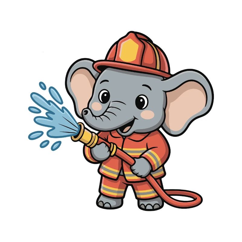 Héros pompier éléphant avec un tuyau d’exécution