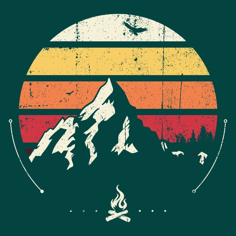 Retro Mountain Sunset Campfire